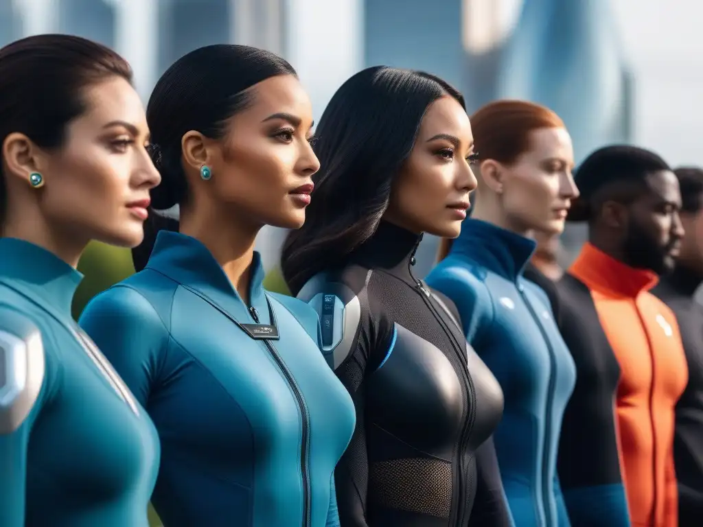 Moda saludable en ciudad futurista: sensores integrados Grupo diverso en moda inclusiva para todos cuerpos, integrando sensores de salud en atuendos futuristas en una ciudad avanzada