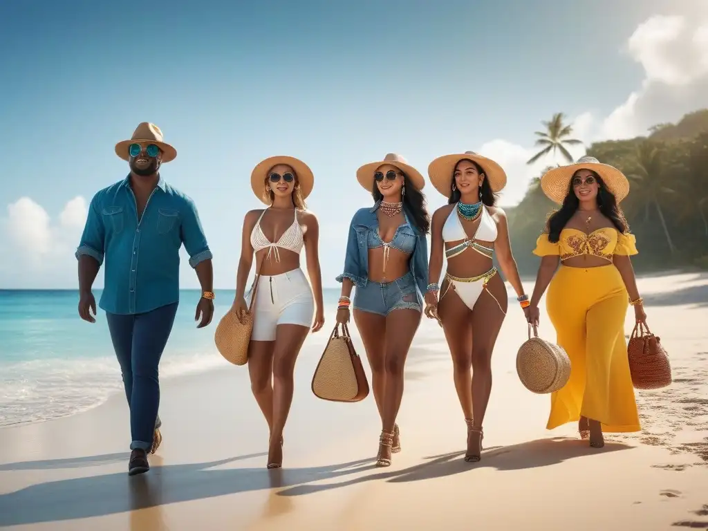 Puesta de sol inclusiva: grupo diverso disfruta en playa caribeña Un grupo diverso disfruta de la moda inclusiva para todos los cuerpos en una playa caribeña al atardecer