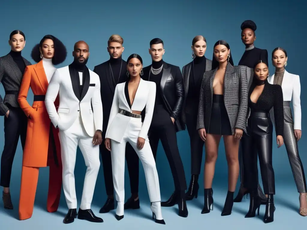 Moda inclusiva 2023: diversidad y estilo en paisaje urbano futurista Grupo diverso en moda inclusiva 2023, urbano futurista con modelos seguros y estilosos