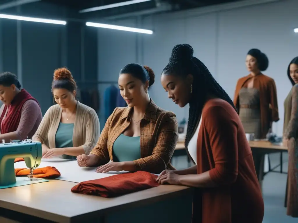 Taller de moda sostenible: diversidad y creatividad en acción Un grupo diverso crea moda sostenible para todos cuerpos en un taller alegre y colaborativo