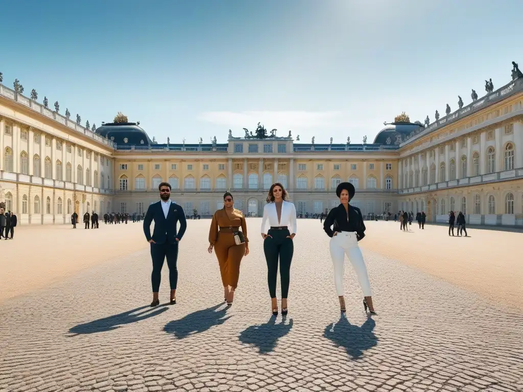 Moda inclusiva frente al Palacio de Schönbrunn Grupo diverso exhibiendo moda para todas las tallas frente al palacio Schönbrunn en Viena, mostrando confianza y empoderamiento
