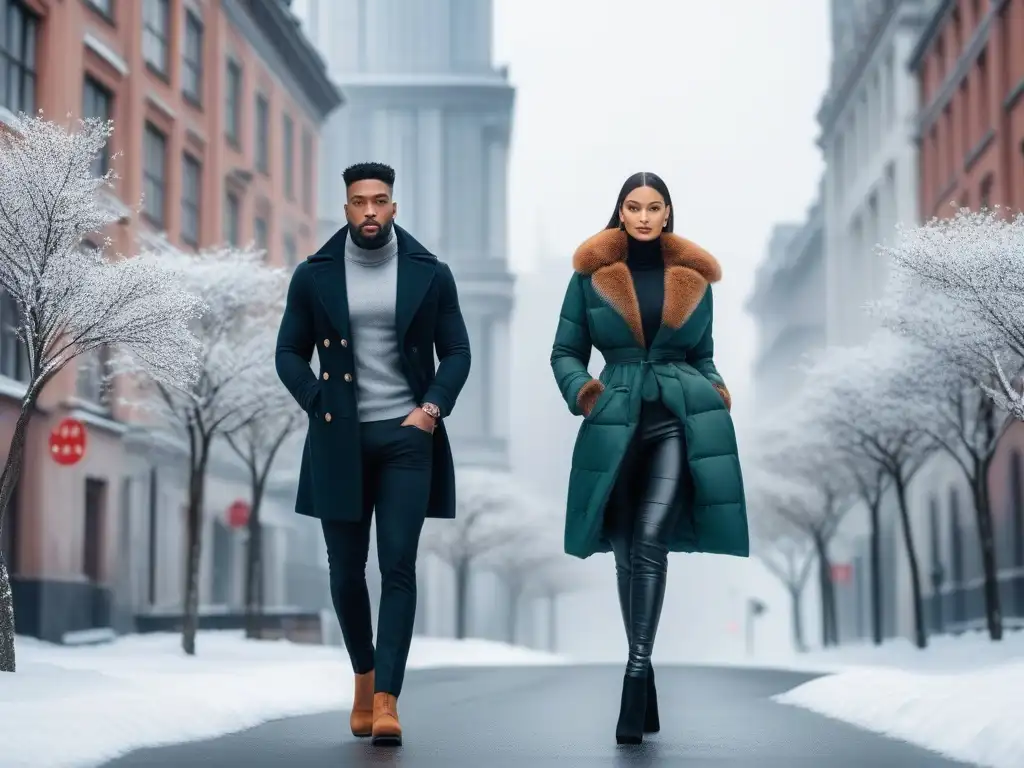 Desfile de modelos altas en la nieve: moda inclusiva y sofisticada Grupo diverso de modelos altas desfilando con estilo en la nieve