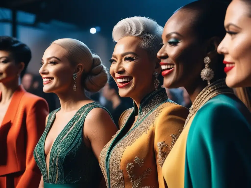 Un grupo diverso de modelos se prepara backstage para una pasarela inclusiva, compartiendo risas y camaradería