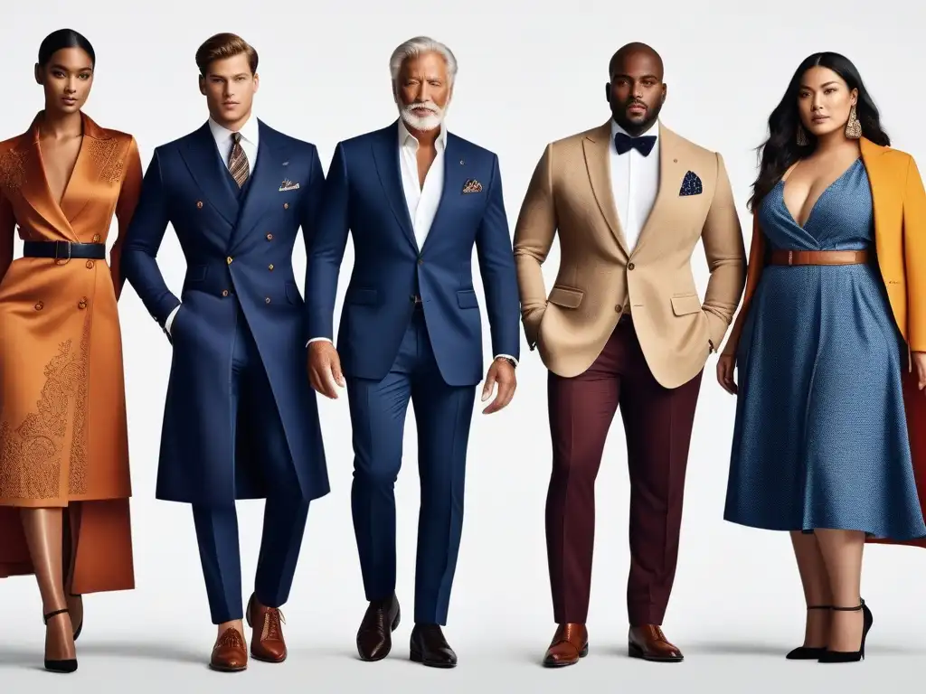 Diversidad y moda: Modelos confiados lucen Ralph Lauren en un entorno moderno y elegante Un grupo diverso de modelos luciendo con confianza ropa de Ralph Lauren en un entorno moderno y elegante