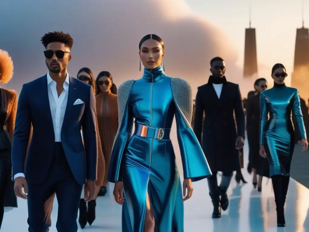 Desfile futurista: moda premium y tecnología en alta definición Grupo diverso de modelos desfilando con confianza en una pasarela futurista, luciendo tecnología wearable que simboliza inclusión y avance en la moda