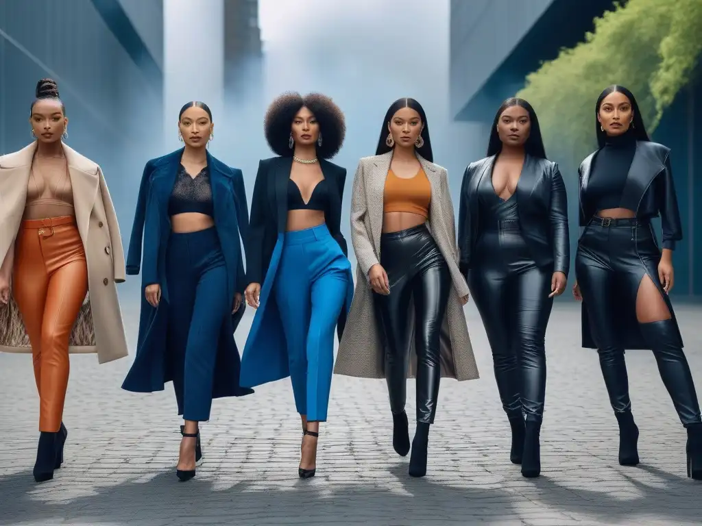Moda inclusiva: diversidad y empoderamiento en la ciudad Un grupo diverso de modelos posa con confianza en atuendos elegantes en un escenario urbano, simbolizando la moda inclusiva diversidad