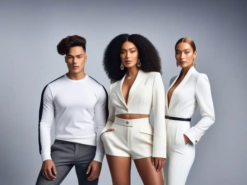 Moda inclusiva: diversidad y confianza en estudio de alta calidad Un grupo diverso de modelos posando con confianza en atuendos inclusivos en un estudio moderno y elegante