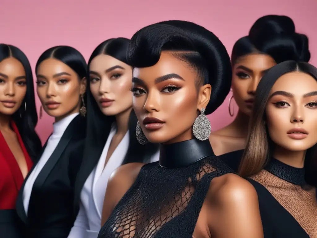 Salón de belleza inclusivo: modelos empoderadas y elegantes Grupo diverso de modelos elegantes en salón de belleza lujoso, reflejando tendencias belleza lujo inclusivas moda
