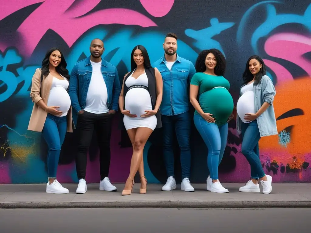 Moda premamá inclusiva: diversidad étnica y estilos urbanos Grupo diverso de modelos embarazadas en moda maternidad inclusiva, en un entorno urbano moderno con graffiti colorido