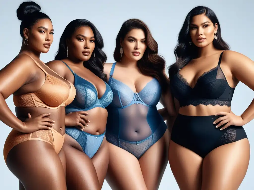 Desfile de lencería plus size: diversidad y empoderamiento Un grupo diverso de modelos plus size exuda empoderamiento y confianza en elegante lencería plus size inclusiva y diversa