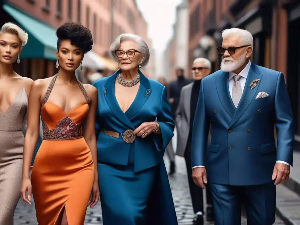 Elegancia senior: moda diversa en la ciudad Un grupo diverso de modelos senior muestra su estilo moderno y chic al caminar por la ciudad, representando las mejores tiendas de moda senior diversa