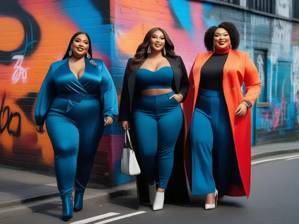 Moda plussize inclusiva: diversidad y estilo en la ciudad Un grupo diverso de modelos plus size posan con estilo en la ciudad, representando la moda plus size inclusiva en redes sociales