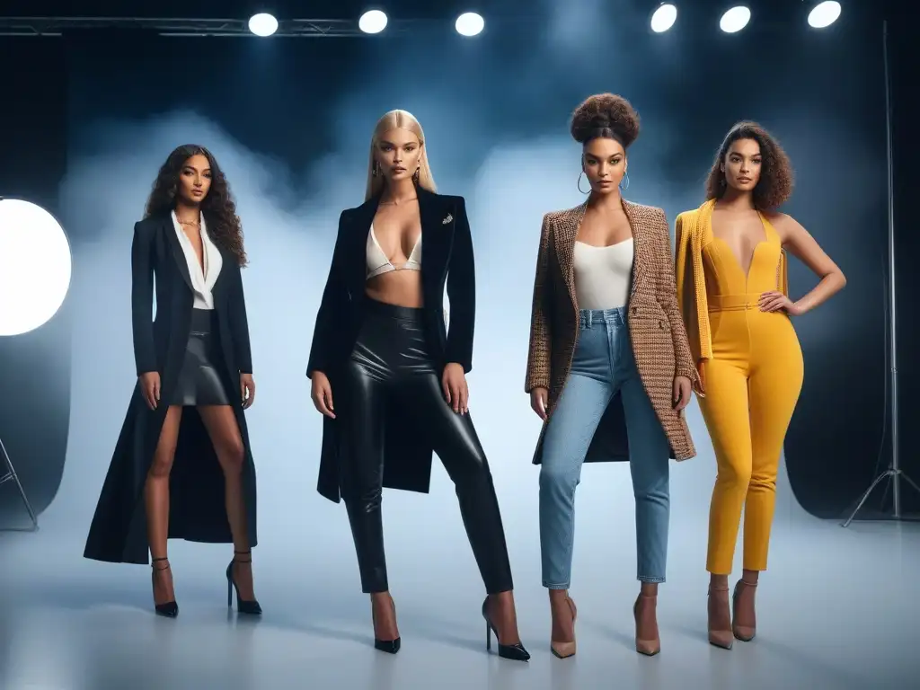 Diversidad y estilo: modelos confiados posando juntos en moda trendy Un grupo diverso de modelos posan con estilo en un estudio moderno, mostrando la belleza de la moda inclusiva
