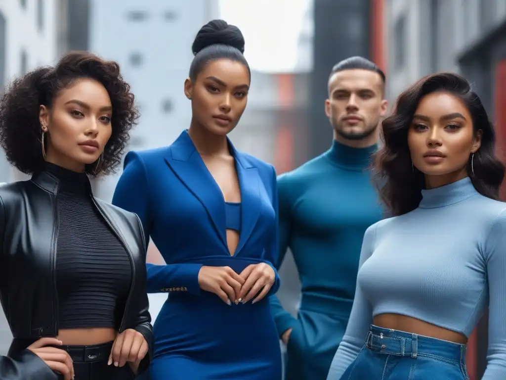 Moda inclusiva: modelos diversos posan con estilo en la ciudad Un grupo diverso de modelos de diferentes etnias, tipos de cuerpo y habilidades posando con confianza juntos en atuendos de moda inclusiva y elegante, en un entorno urbano moderno y sofisticado