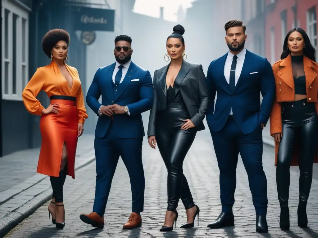 Diversidad y confianza: modelos inclusivos en moda urbana Un grupo diverso de modelos de diferentes etnias, edades y habilidades posan juntos con confianza en atuendos inclusivos y modernos