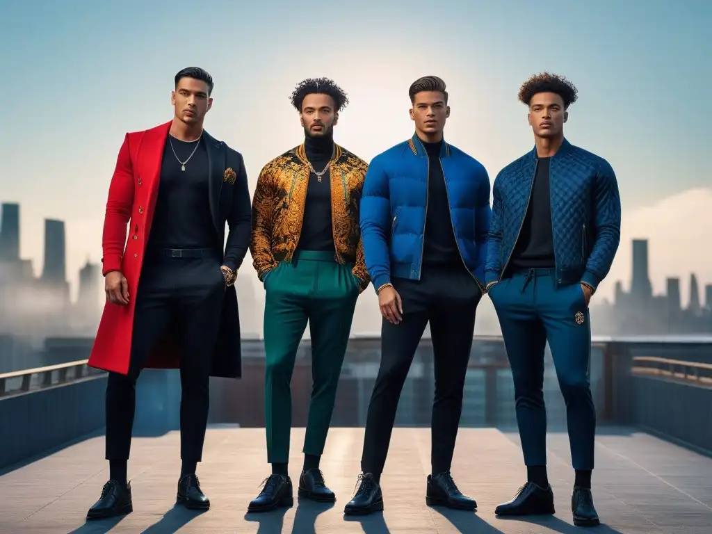 Modelos masculinos diversos posan con estilo en azotea urbana al atardecer Grupo diverso de modelos masculinos en moda inclusiva posando en azotea urbana al atardecer