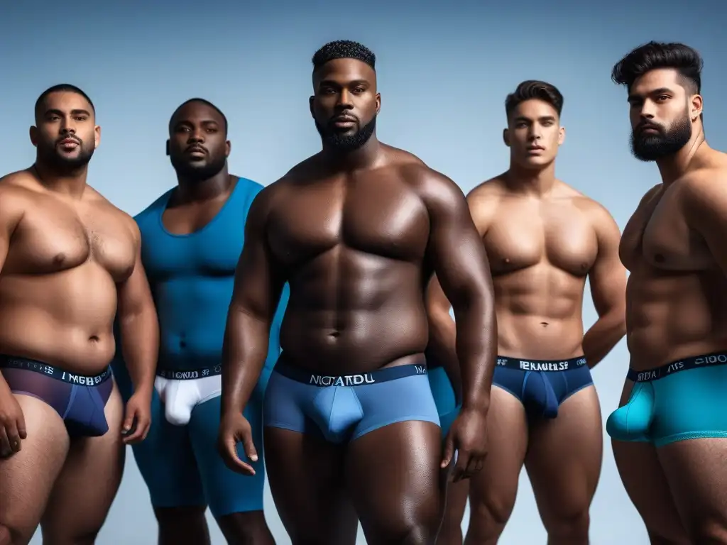 Modelos plus size seguros y estilosos en ropa interior Grupo diverso de modelos masculinos tallas grandes mostrando seguridad y estilo con ropa interior moderna en varios colores