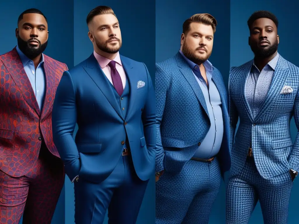 Modelos plus size con estilo y coloridos outfits coordinados Un grupo diverso de modelos masculinos de tallas grandes luciendo conjuntos coordinados con estilo en colores audaces y complementarios