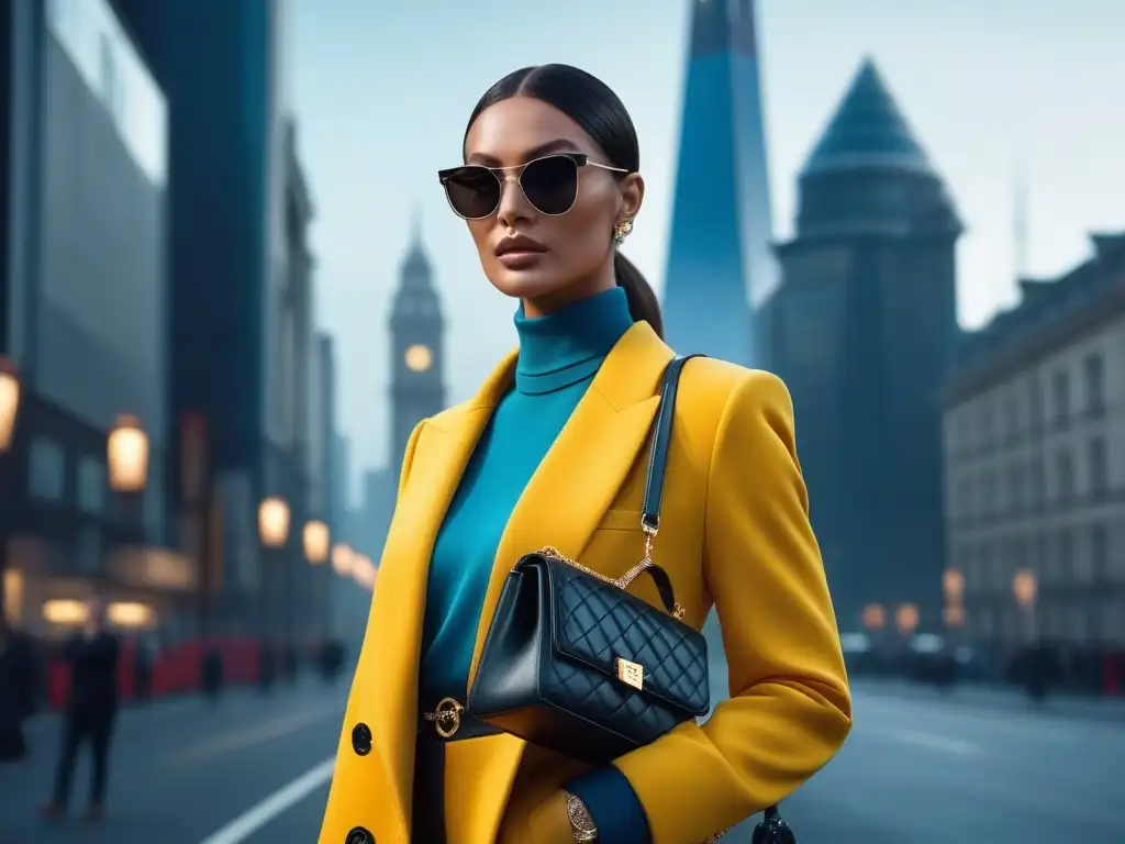 Moda de lujo: Accesorios exclusivos en la ciudad futurista Un grupo diverso de modelos de moda luce accesorios de alta gama en una ciudad moderna