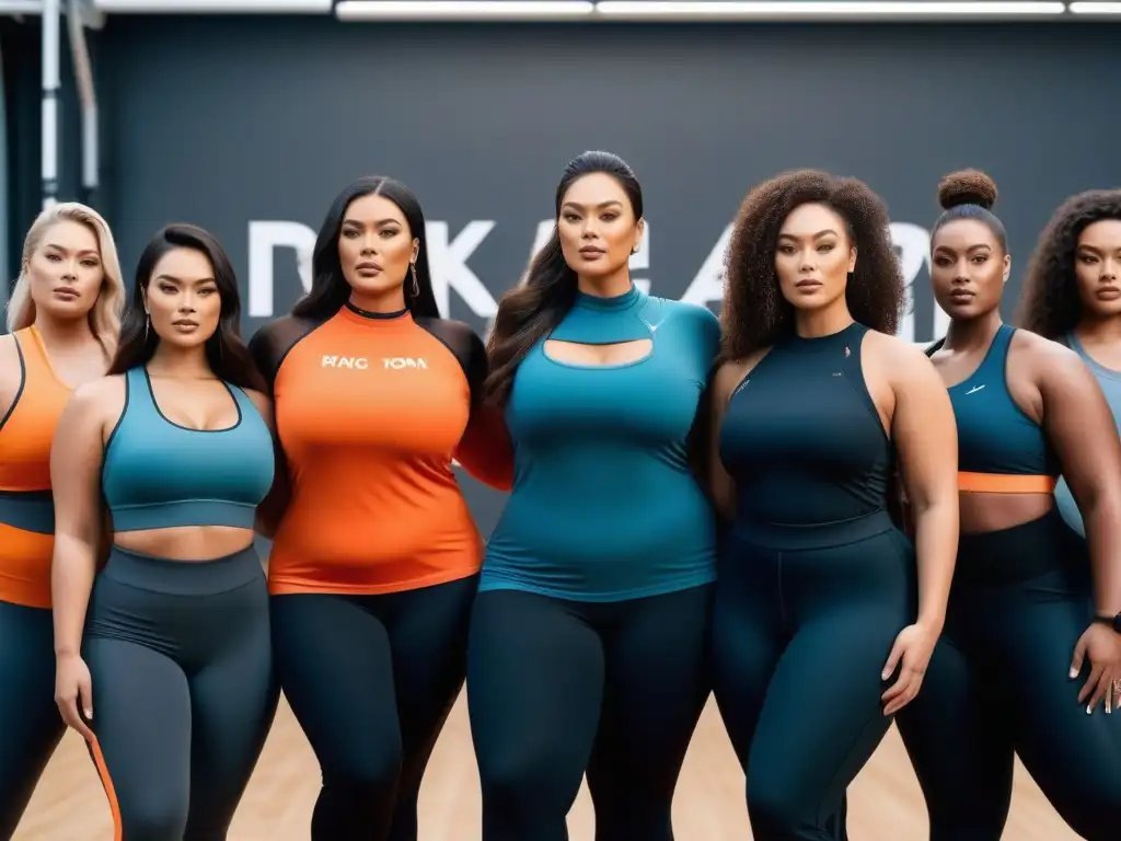 Modelos de tallas grandes empoderadas en activewear diverso y elegante Grupo diverso de modelos plus size en moda activewear inclusiva, posando con confianza en un gimnasio moderno