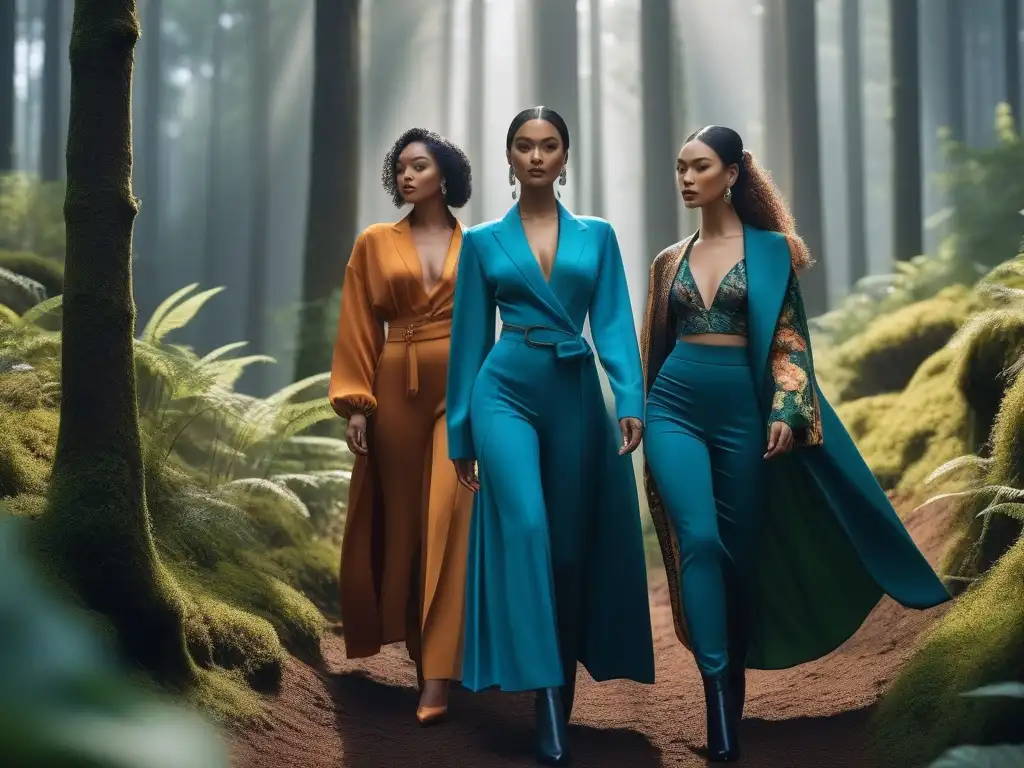 Moda sostenible: diversidad y naturaleza en armonía Grupo diverso de modelos en moda ecofriendly, empoderados en bosque exuberante