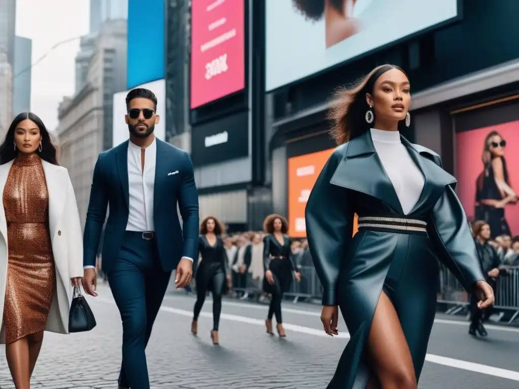 Desfile de moda diverso en la ciudad Un grupo diverso de modelos de moda desfila con confianza por una calle urbana, luciendo atuendos inclusivos y modernos