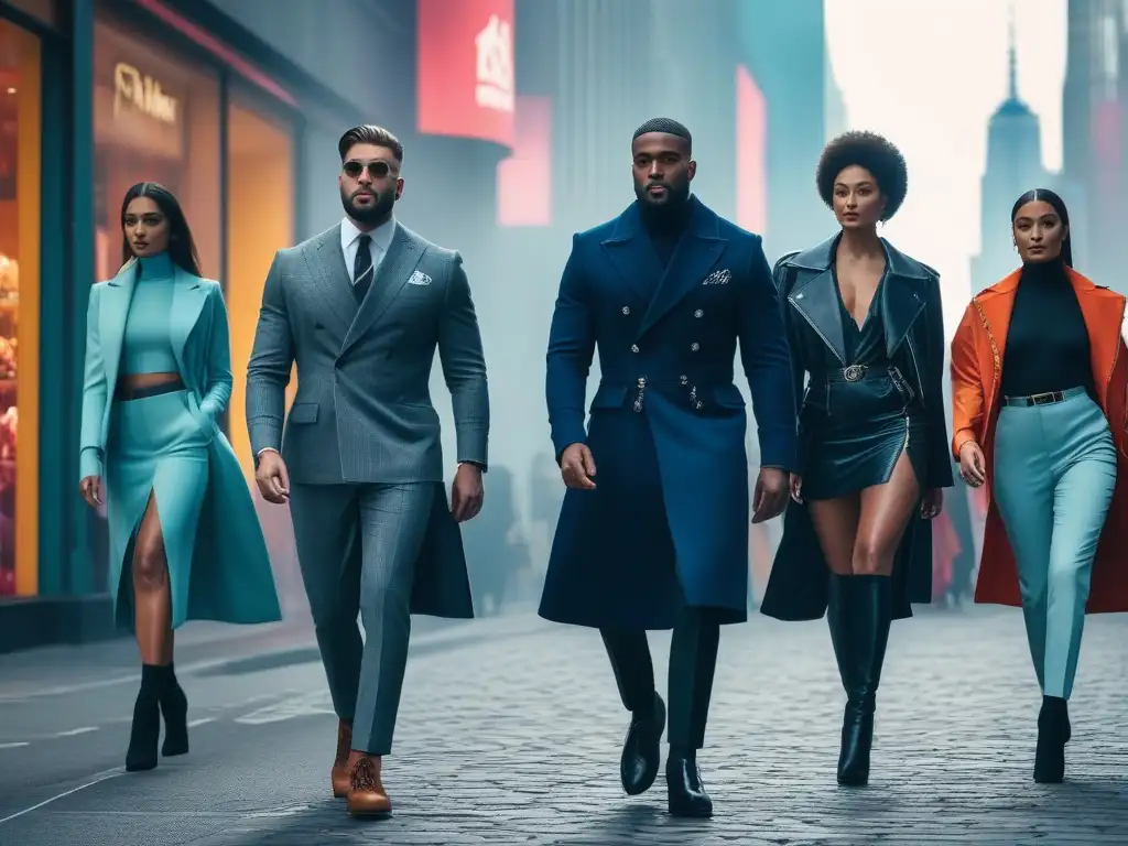 Pasarela urbana: moda vibrante en la ciudad Grupo diverso de modelos de moda en colores vibrantes, reflejando la Psicología del color en moda en una ciudad bulliciosa y moderna