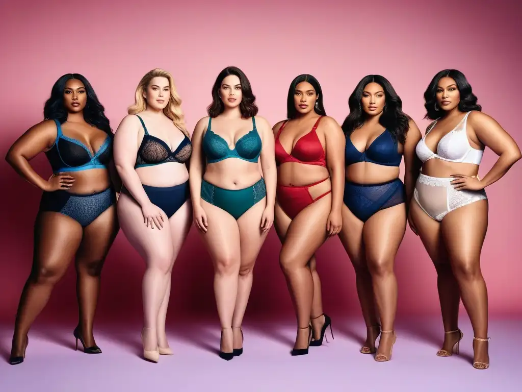 Desfile de modelos plus size en lencería inclusiva Un grupo diverso de modelos plus size muestra con orgullo lencería moderna y diversa