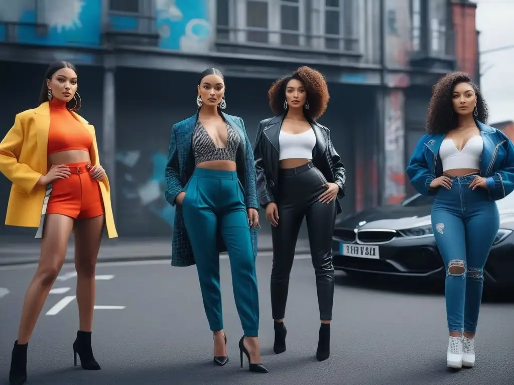 Moda inclusiva: Petite models en la ciudad Un grupo diverso de modelos pequeñas y seguras, con estilos únicos y moda inclusiva para todas las tallas, en una vibrante calle de la ciudad
