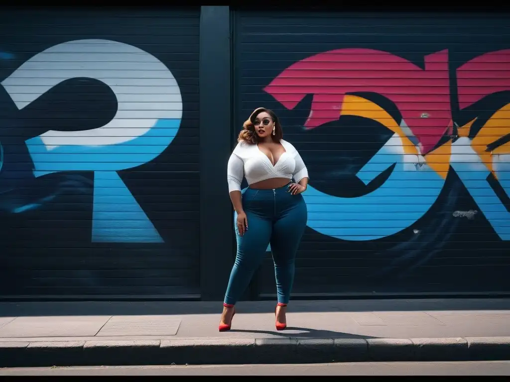 Desfile de moda plussize en la ciudad: estilo y diversidad Grupo diverso de modelos plussize seguras de sí mismas luciendo outfits únicos en la calle, con arte urbano de fondo