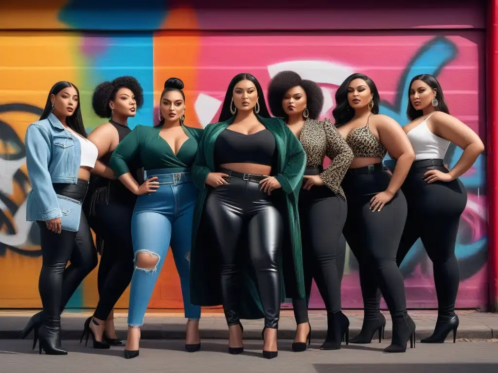 Moda plussize: diversidad y empoderamiento urbanos Un grupo diverso de modelos plus size seguras, elegantes y empoderadas en outfits de moda, en un entorno urbano con arte callejero vibrante
