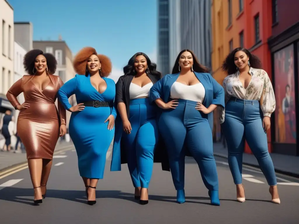 Modelos tallas grandes empoderadas en la ciudad Un grupo diverso de modelos plus size seguras y modernas posando con estilo en la ciudad, destacando la importancia de modelos plus size en campañas publicitarias