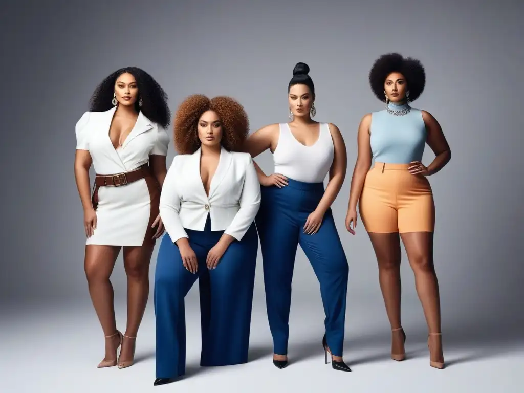 Empoderamiento y diversidad: modelos de moda unidas en estilo y confianza Grupo diverso de modelos en sesión de fotos, mostrando inclusividad y empoderamiento en moda