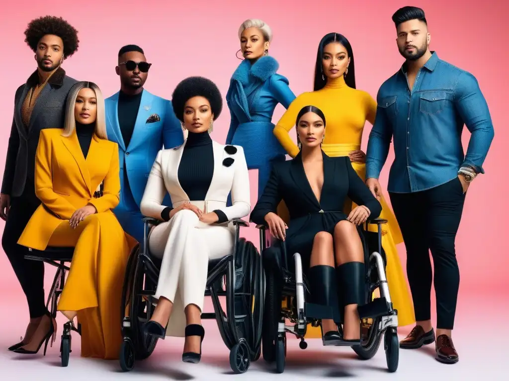 Empoderamiento en sillas de ruedas: moda inclusiva y elegante Un grupo diverso de modelos en silla de ruedas muestra empoderamiento y elegancia en un estudio moderno
