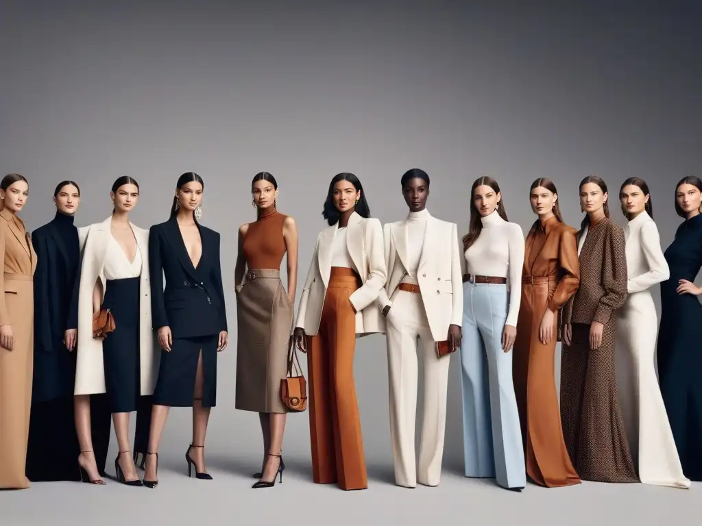 Inclusión de tallas en Hermès: Elegancia y diversidad Un grupo diverso de modelos sonrientes muestra con elegancia y confianza la inclusión de tallas en Hermès en un estudio moderno y chic