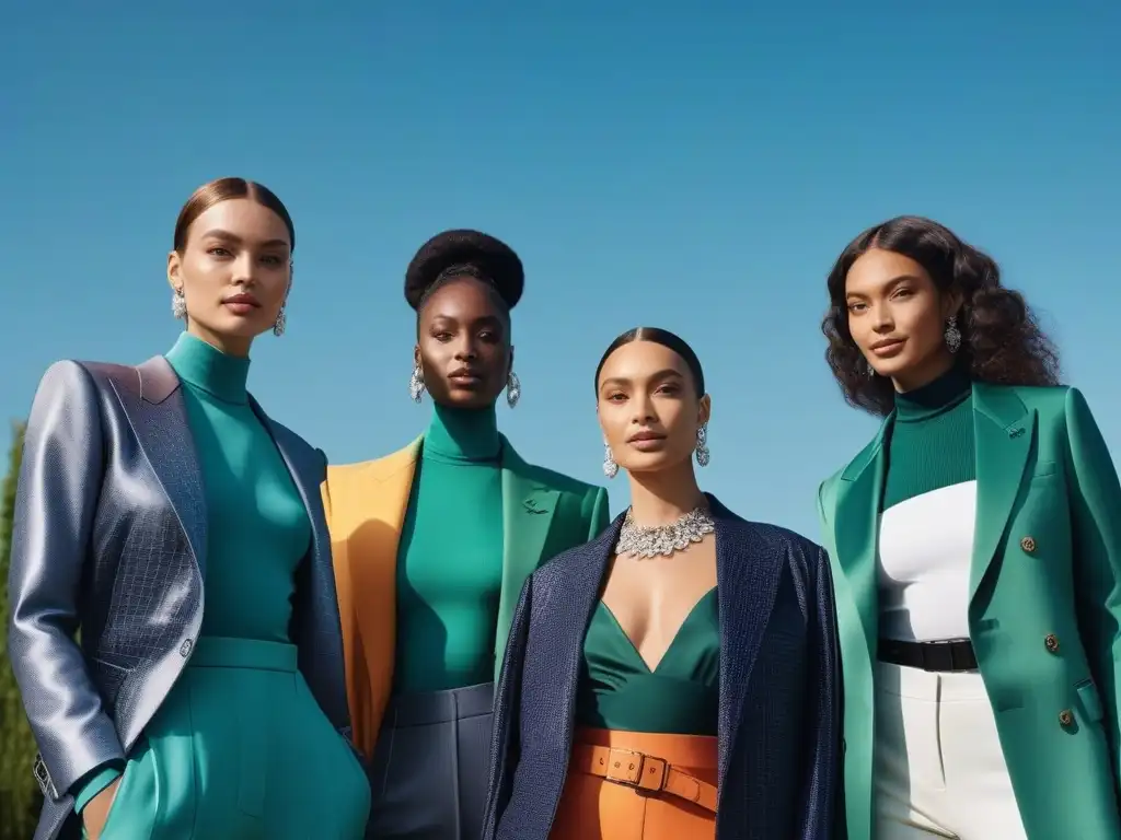 Moda sostenible: diversidad y estilo en entorno ecofriendly Grupo diverso de modelos sonrientes, luciendo moda alquilada inclusiva y sostenible en escenario urbano futurista y ecoamigable