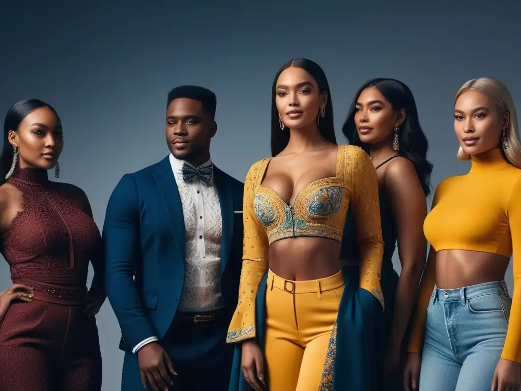 Diversidad de cuerpos: moda inclusiva y vibrante Un grupo diverso de modelos sonrientes con diferentes tipos de cuerpo, luciendo con confianza atuendos inclusivos y elegantes