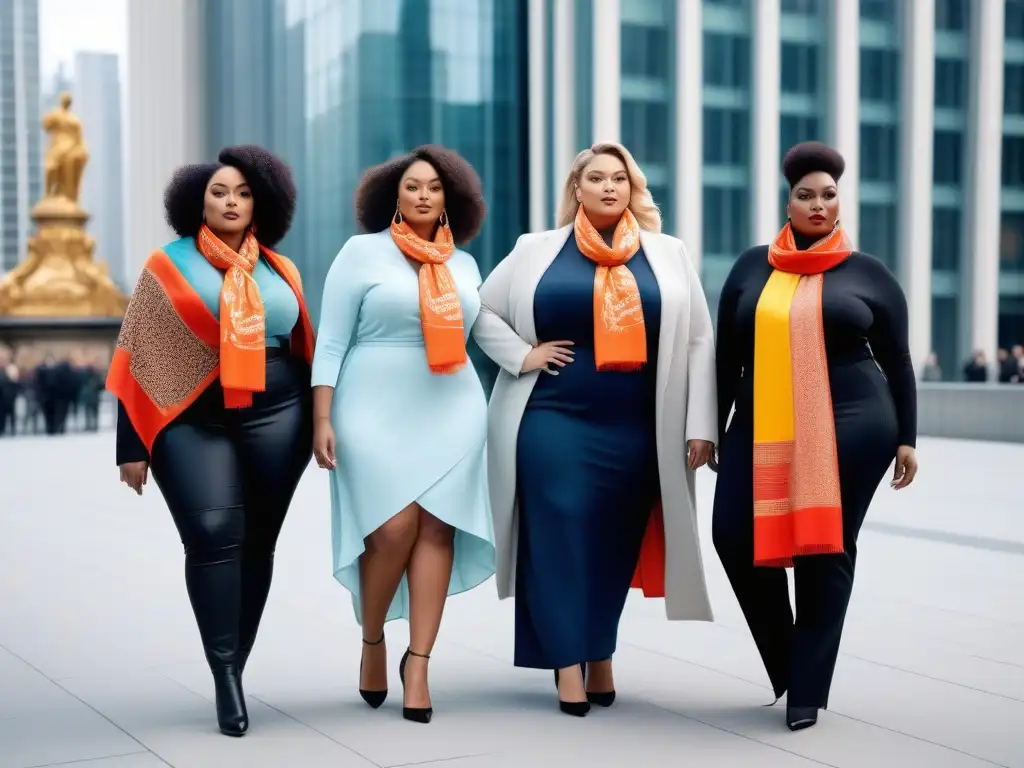 Scarfashion: Modelos plussize exhiben lujo y diversidad urbana Un grupo diverso de modelos de talla grande muestra bufandas de diseñador en un entorno urbano moderno