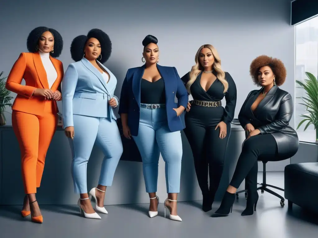 Equipo de modelos plus size empoderadas en agencia de marketing digital Un grupo diverso de modelos de talla grande, seguros, analizando estrategias de marketing digital moda plus en una oficina moderna y brillante