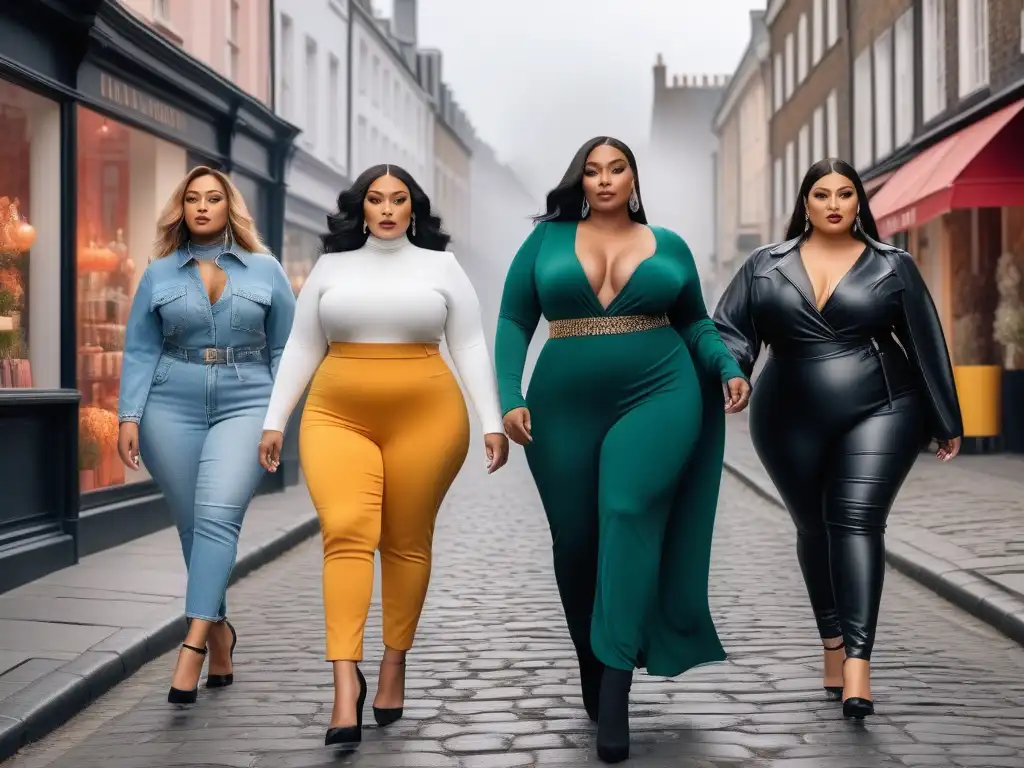 Moda inclusiva: modelos plus size empoderadas en la ciudad Un grupo diverso de modelos de talla grande con estilo, paseando con confianza en una calle de moda