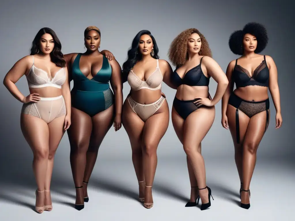 Desfile de lencería plus size: belleza inclusiva y empoderamiento Un grupo diverso de modelos de talla grande, con actitud y estilo, luciendo lencería plus size inclusiva y diversa en un estudio chic y luminoso
