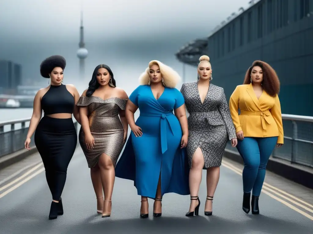 Modelos de moda vegana plus size, empoderamiento y estilo inclusivo Un grupo diverso de modelos de talla grande, vestidos con moda vegana sin crueldad animal, desfilan con estilo y empoderamiento en la ciudad