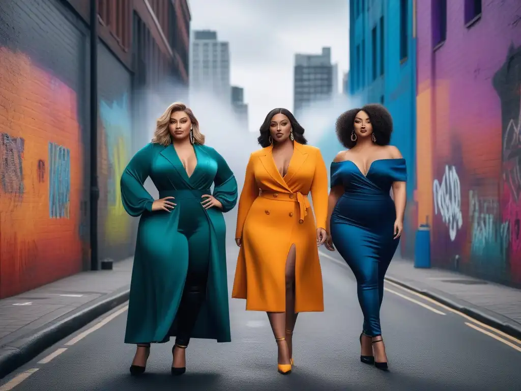 Moda plussize urbana: modelos seguras y trendy en la ciudad Un grupo diverso de modelos de tallas grandes posa con estilo en la ciudad, mostrando las últimas tendencias de moda plus
