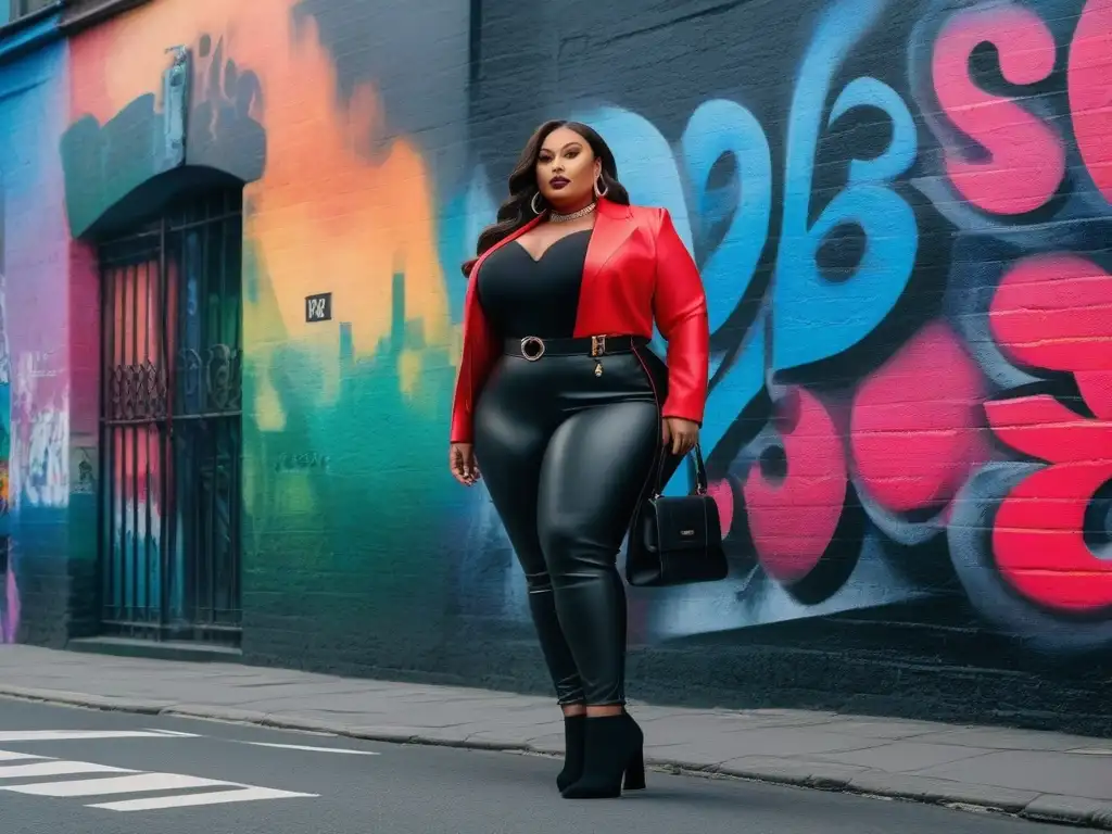 Modelos de tallas grandes con estilo en entorno urbano Grupo diverso de modelos de tallas grandes luciendo moda trendy en un entorno urbano chic con murales coloridos de arte callejero