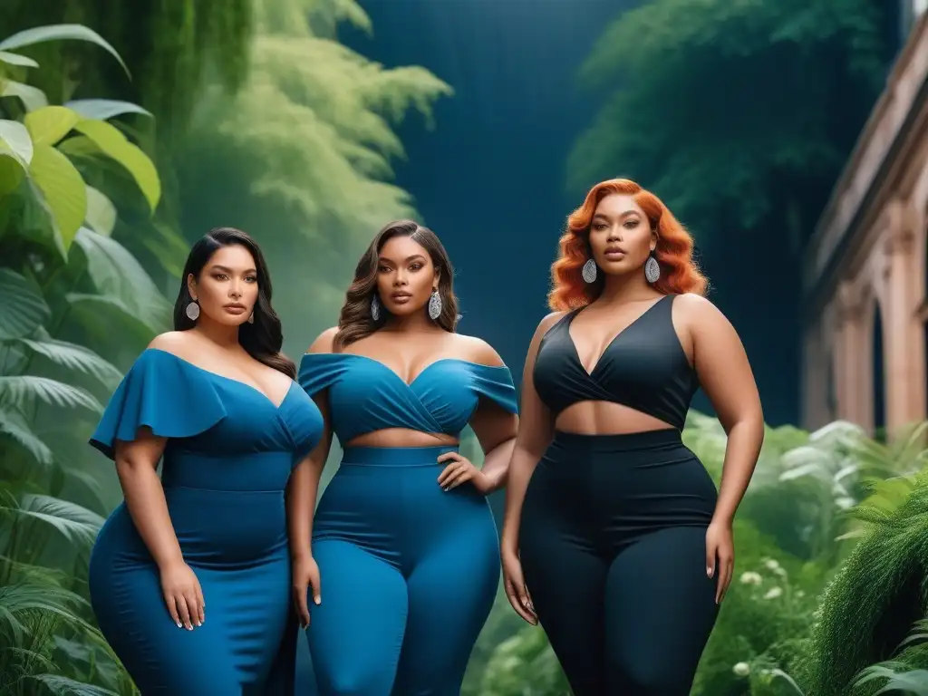 Moda sostenible: modelos de tallas grandes empoderadas Un grupo diverso de modelos de tallas grandes luciendo moda sostenible en un ambiente urbano y natural, irradiando estilo y empoderamiento