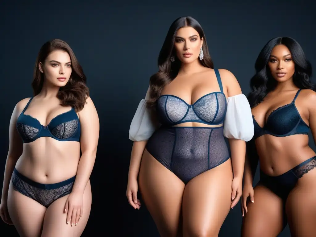Modelos de tallas grandes lucen lencería trendy en alta resolución Un grupo diverso de modelos de tallas grandes y cómoda luciendo ropa interior trendy en un entorno moderno, mostrando inclusividad y diseño a la moda