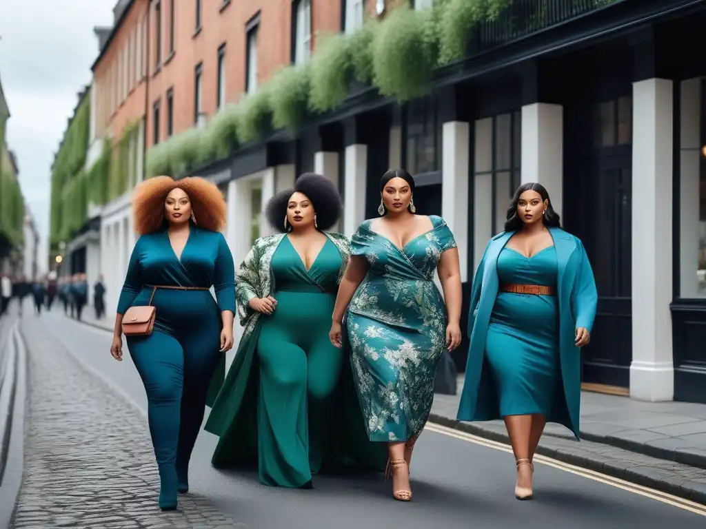 Moda sostenible: Modelos de tallas grandes lucen confianza en la ciudad Grupo diverso de modelos tallas grandes desfilando con estilo en la ciudad, mostrando moda sostenible