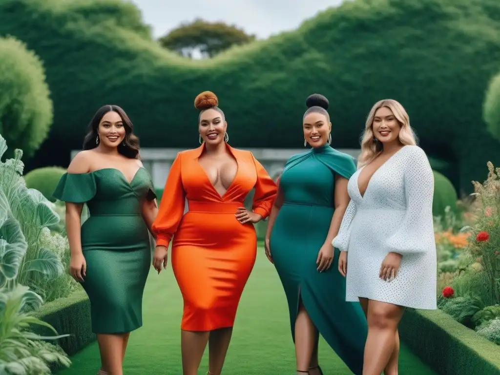Modelos plussize lucen moda sostenible en jardín ecofriendly Un grupo diverso de modelos de tallas grandes muestra moda sostenible en un jardín verde