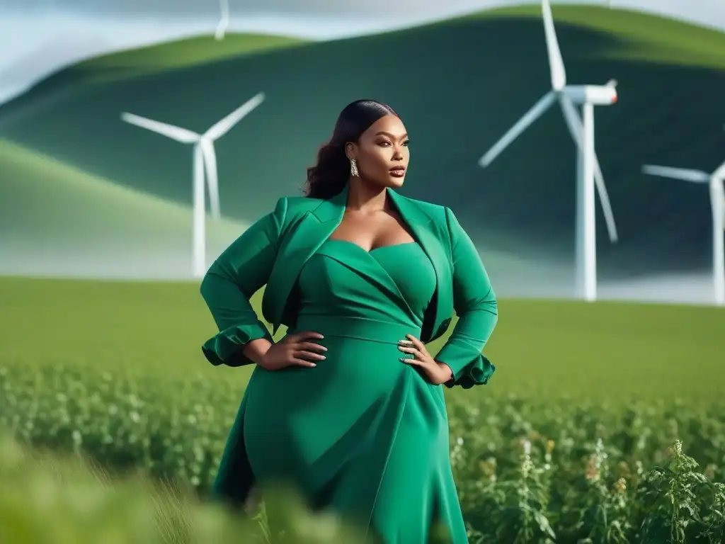 Moda sostenible: empoderamiento de modelos plus size en campo verde Un grupo diverso de modelos de tallas grandes, seguras y con estilo en moda inclusiva sostenible, posando en campo verde con turbinas eólicas al fondo