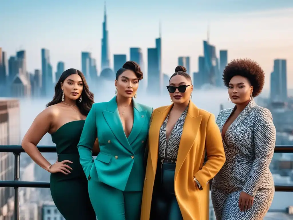 Diversidad y estilo: moda plus size en la ciudad Un grupo diverso de modelos de tallas plus sonrientes en ropa de lujo accesible, empoderados en una azotea urbana